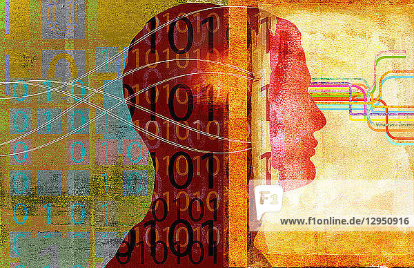 Daten werden im Kopf eines Mannes mit künstlicher Intelligenz verarbeitet