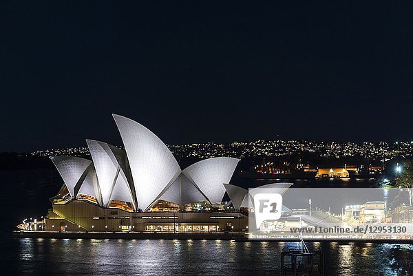 View of sydney opera house landmark exterior at night in australia.