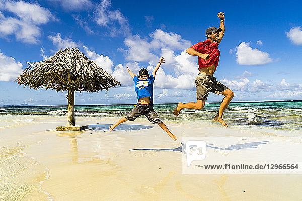 A son and his dad are jumping on the Morpion's island beach with a straw hut  St-Vincent  Saint Vincent and the Grenadines  Lesser Antilles  West Indies  Windward Islands  Caribbean  Central America