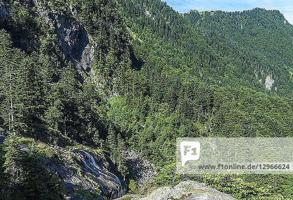 France  Pyrenees Ariegeoises Regional nature Park  Garbet Valley  Ars waterfall (Grande Randonnee 10  number 10 in a network of long-distance footpaths in Europe)