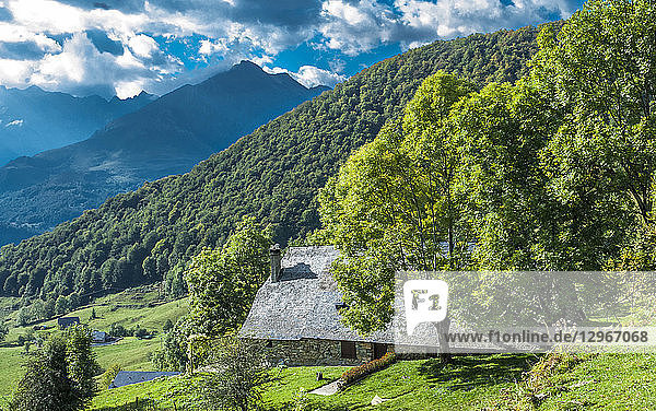 Frankreich  Nationalpark Pyrenäen  Region Okzitanien  Val d'Azun  Straße des Col de Couraduque (Bergpass)  Scheune auf der Almwiese