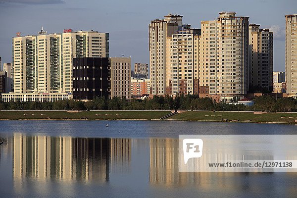 Kazakhstan  Astana  skyline  Ishim River  apartment buildings .