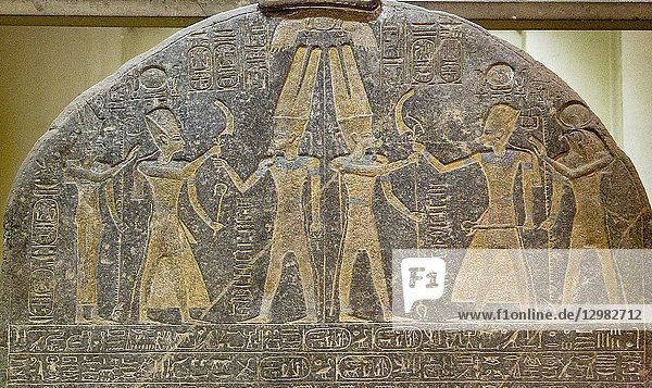 Egypt  Cairo  Egyptian Museum  upper part of the stele of Merenptah  famous because it shows the first mention of Israel. Amon-Ra  Mut and Khonsu offer million years of life to the king.