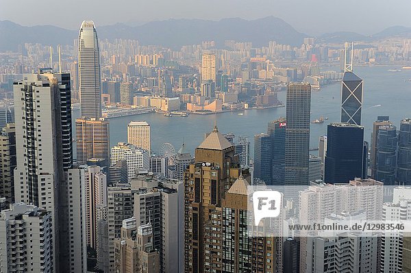 Hong Kong  China  Asia - A panoramic view of Hong Kong  Victoria Harbour and Kowloon from Victoria Peak.