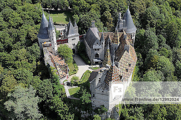 France,  Côte d'Or,  La Rochepot,  the castle (aerial view)