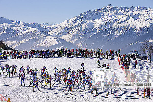 France,  Savoie,  Tarentaise,  massif of Beaufortain,  seen on the massif of Vanoise and the chain of Lauzière,  departure of competition of skating cross country skiing event