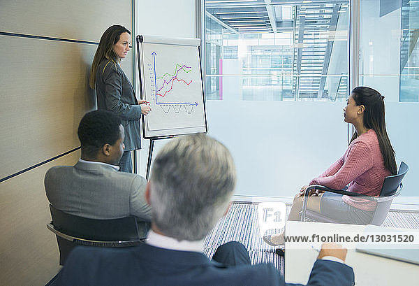 Geschäftsfrau am Flipchart  die eine Besprechung im Konferenzraum leitet