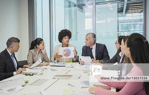 Businesswoman with pie chart leading conference room meeting