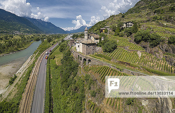 Aerial view of Torre della Sassella and vineyards Sondrio province Lombardy Italy