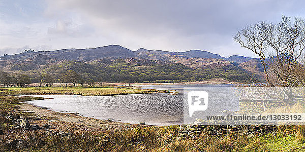 Llyn Dinas Lake in first sunlight  Snowdonia National Park  North Wales  United Kingdom