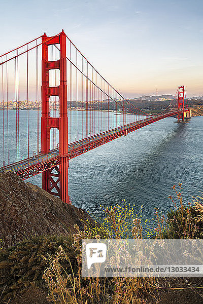 View of Golden Gate Bridge from Golden Gate Bridge Vista Point at sunset  San Francisco  California  United States of America  North America