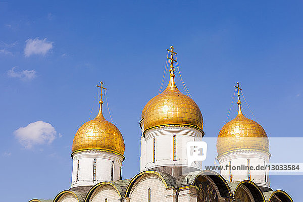 The domes of the The Cathedral of the Annunciation inside the Kremlin UNESCO World Heritage Site Moscow Russia