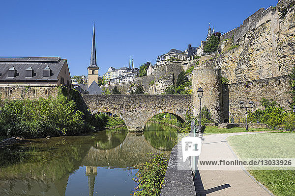 Stierchen stone footbridge and Brock Promontory  Luxembourg City  Luxembourg