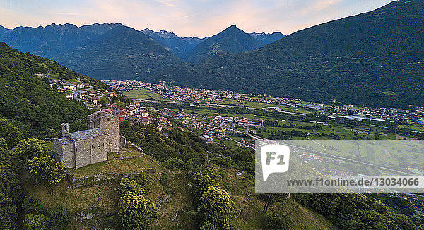 Panoramic elevated view of Castello di Domofole  Costiera dei Cech  Mello  Sondrio province  Valtellina  Lombardy  Italy