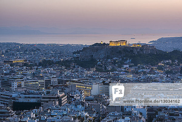 View over Athens and The Acropolis at sunset from Likavitos Hill  Athens  Attica Region  Greece