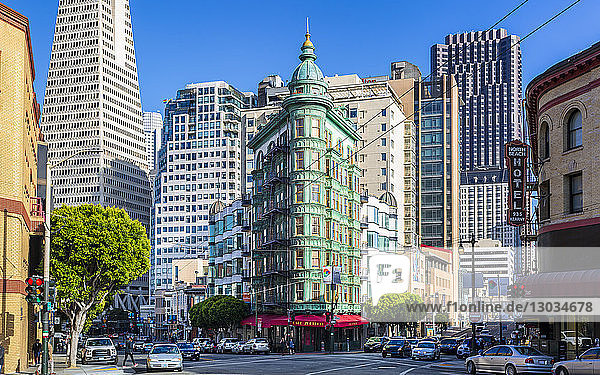 View of Transamerica Pyramid building and Columbus Tower on Columbus Avenue  San Francisco  California  United States of America  North America