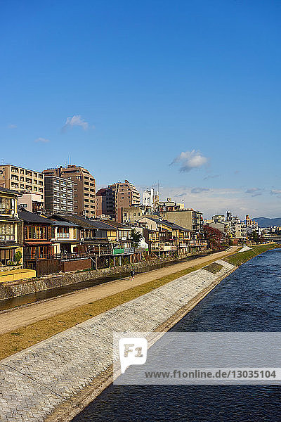 View of the Kamo River and Pontocho district  Kyoto  Japan