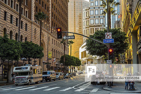 Street scene in Downtown Los Angeles during golden hour  Los Angeles  California  United States of America