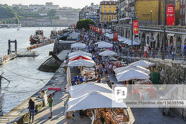 Open air street stalls and markets with cork and gift products on Douro River in Ribeira District  Porto  Portugal