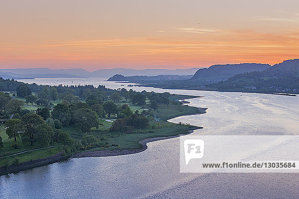 Dusk over River Clyde viewed from the Erskine Bridge Scotland United Kingdom