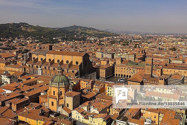 View over the Piazza Maggiore  from the Asinelli Tower (Torre degli Asinelli)  Bologna  Emilia-Romagna  Italy