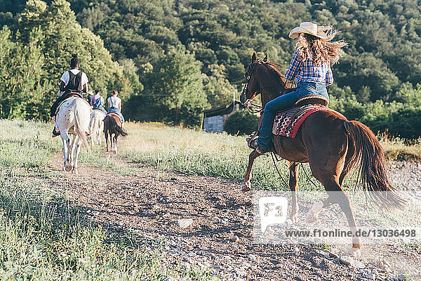 Junge Erwachsene reiten Pferde in ländlicher Landschaft  Rückansicht  Primaluna  Trentino-Südtirol  Italien