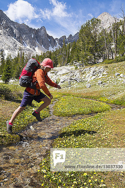 A young girl jumping across a stream while hiking in the Merriam Lake Basin  Upper Pashimeroi Valley  Lost River Range  Challis  Idaho  USA