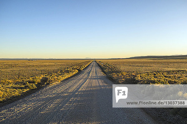 Leere Schotterstraße durch Grasland mit Zaun auf einer Seite  Zentral-New-Mexiko  New Mexico  USA