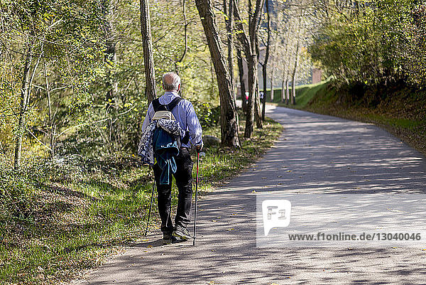 Rückansicht eines älteren Mannes  der auf einer Straße im Wald geht
