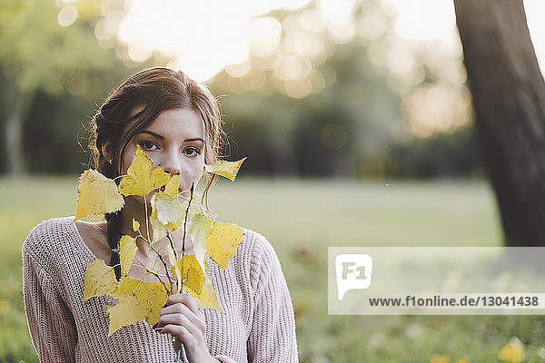 Porträt einer jungen Frau  die im Herbst im Park Blätter hält