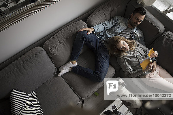 Hochwinkelansicht eines Paares  das ein Buch liest  während es sich zu Hause auf dem Sofa einer französischen Bulldogge entspannt