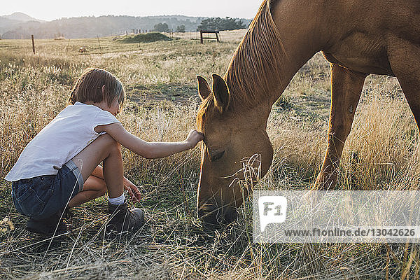 Side view of girl touching horse while crouching on grassy field