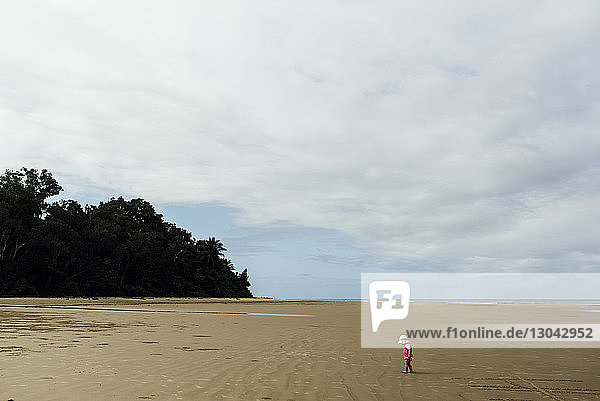 High angle view of girl standing at beach against cloudy sky