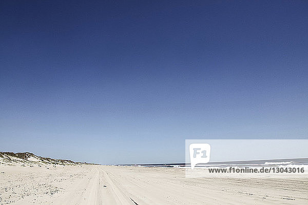 Szenische Ansicht des Strandes bei strahlend blauem Himmel während eines sonnigen Tages