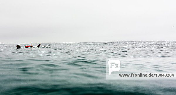 Männlicher Surfer entspannt sich auf dem Meer vor klarem Himmel