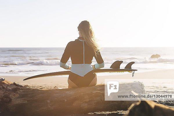 Rückansicht einer Frau mit Surfbrett  die auf einem Baumstamm am Strand vor klarem Himmel sitzt