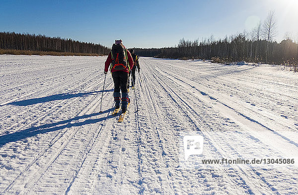 Rückansicht von Freunden mit Skiern und Skistöcken beim Spaziergang auf schneebedecktem Feld