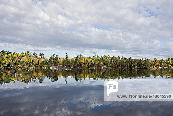 Landschaftliche Ansicht von Bäumen und bewölktem Himmel  die sich im Herbst auf dem ruhigen See spiegeln