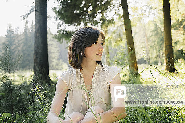Smiling young woman looking away while sitting in forest