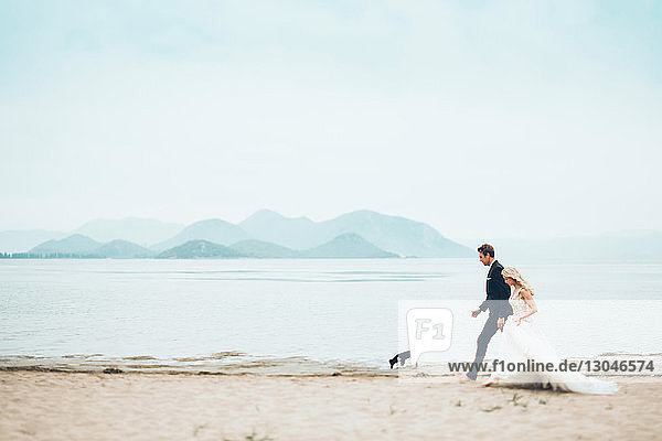 Brücke und Bräutigam mit Hund beim Spaziergang am Strand gegen den Himmel