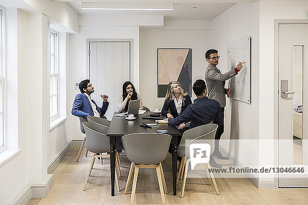 Business people discussing during meeting at desk in office