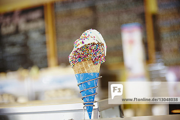 Close-up of colorful sprinkles on ice cream for sale at store