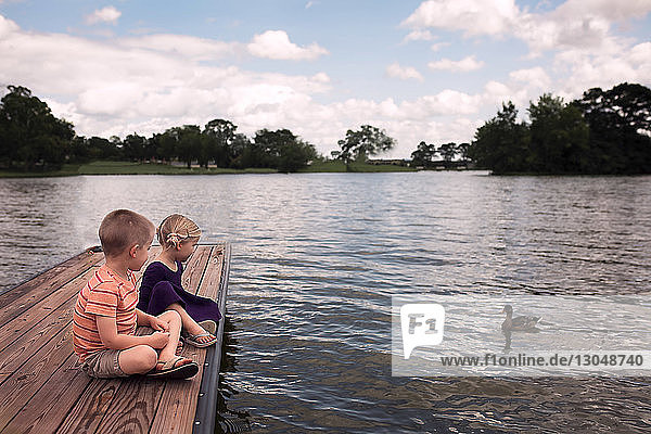 Siblings looking at duck swimming in lake while sitting on jetty