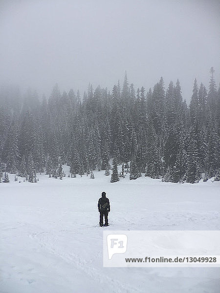 Rückansicht eines auf einem schneebedeckten Feld stehenden Mannes