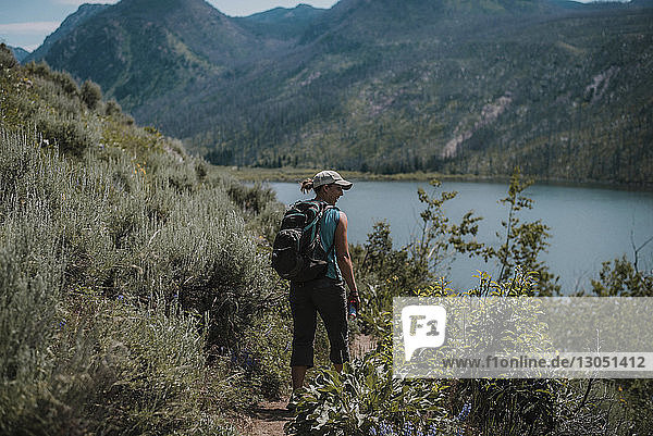 Rückansicht einer Wanderin mit Rucksack  die auf einem Feld inmitten von Pflanzen am Seeufer vor Bergen steht