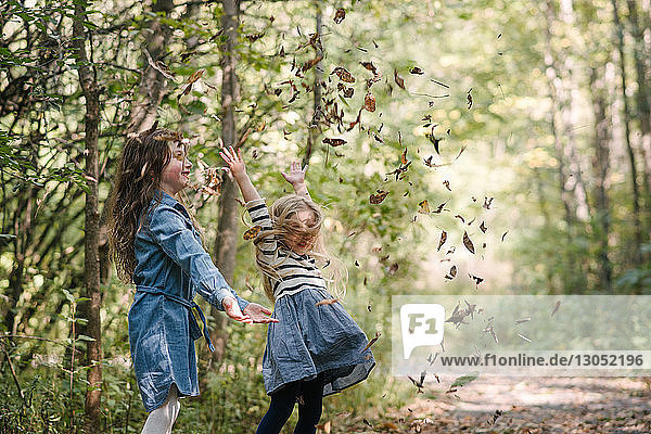 Schwestern werfen im Wald Blätter in die Luft