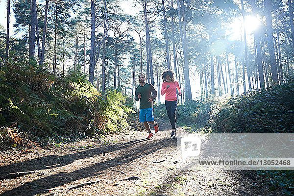 Female and male runners running in sunlit forest