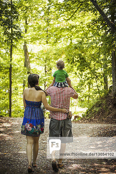 Rückansicht eines Mannes  der seinen Sohn auf den Schultern trägt  während er mit einer Frau im Wald spazieren geht