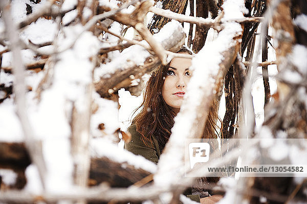 Woman seen through snow covered branches
