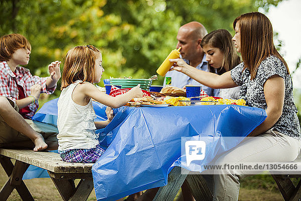 Family eating food while sitting at picnic table